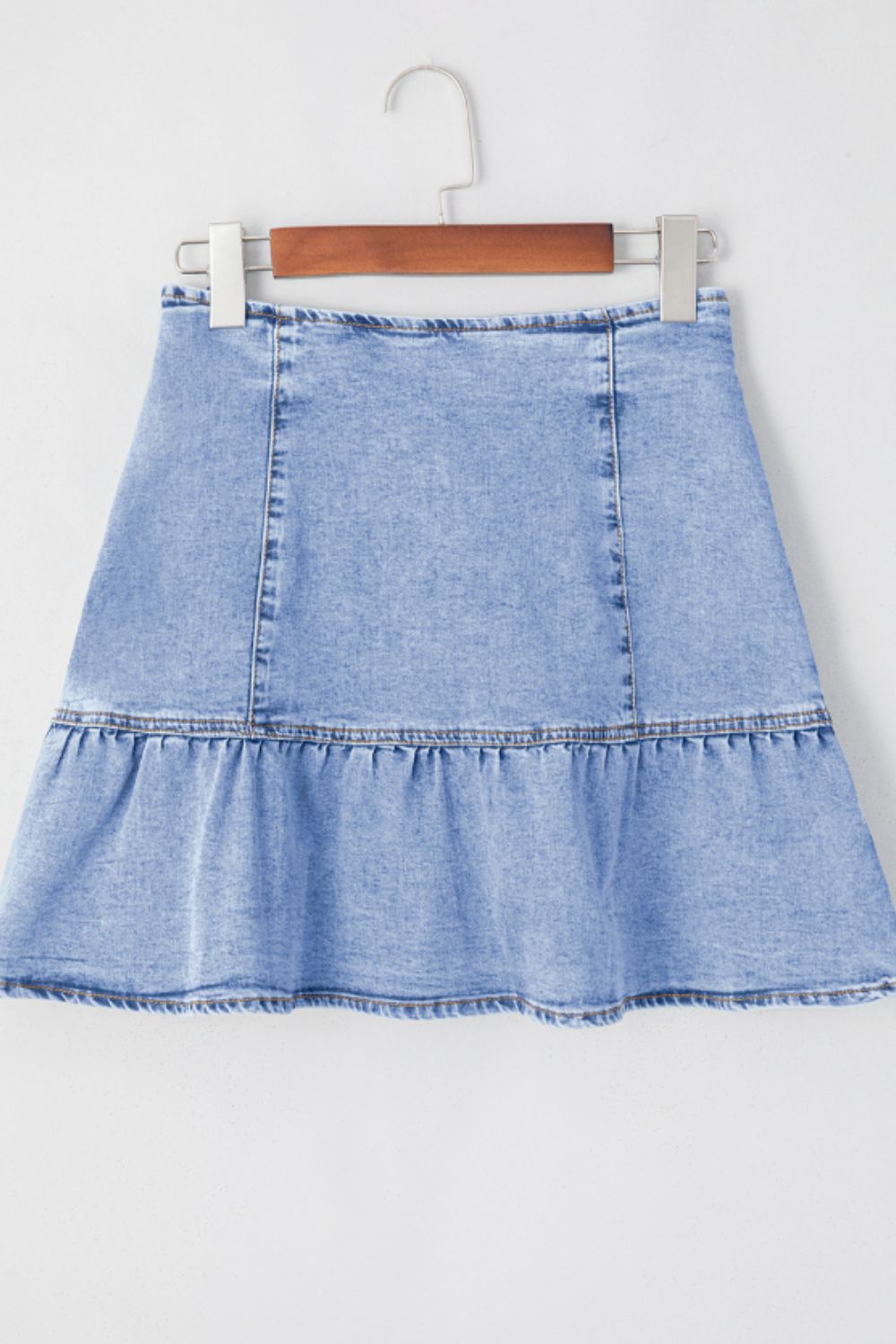 Asymmetric Ruffle Overlay Denim Mini Skirt.