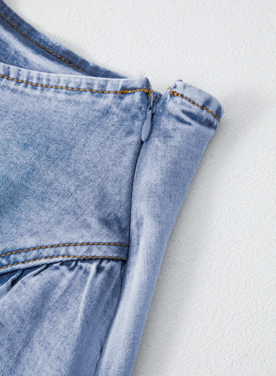 Asymmetric Ruffle Overlay Denim Mini Skirt.