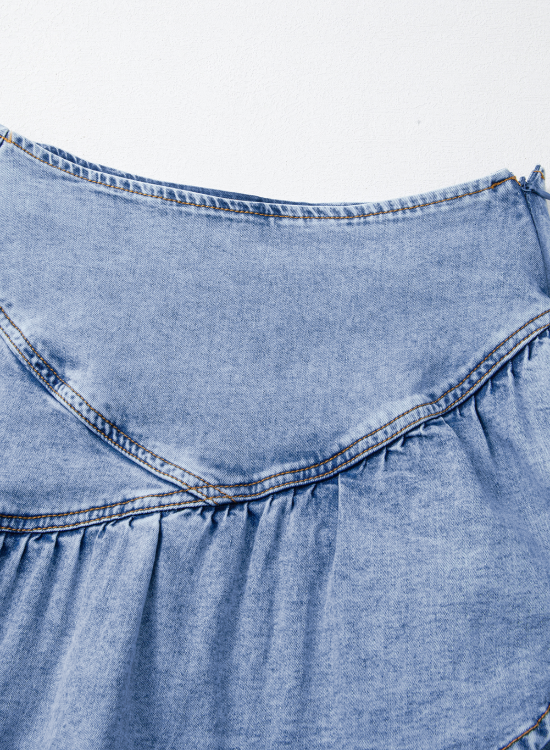 Asymmetric Ruffle Overlay Denim Mini Skirt.