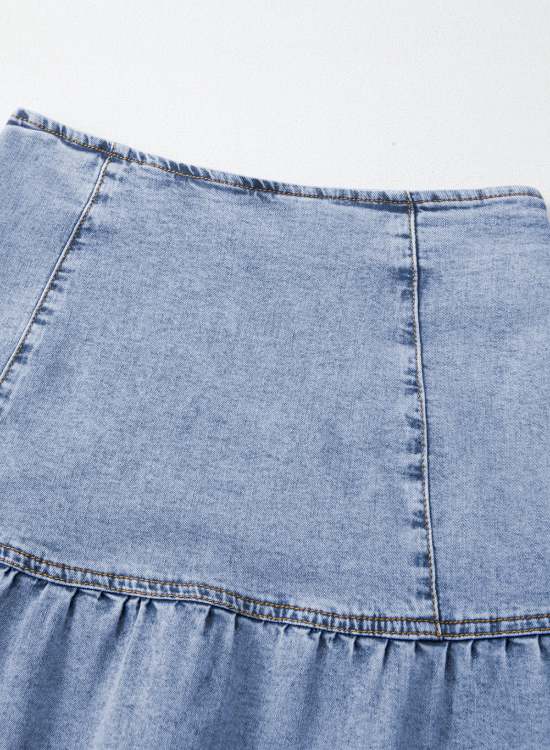 Asymmetric Ruffle Overlay Denim Mini Skirt.