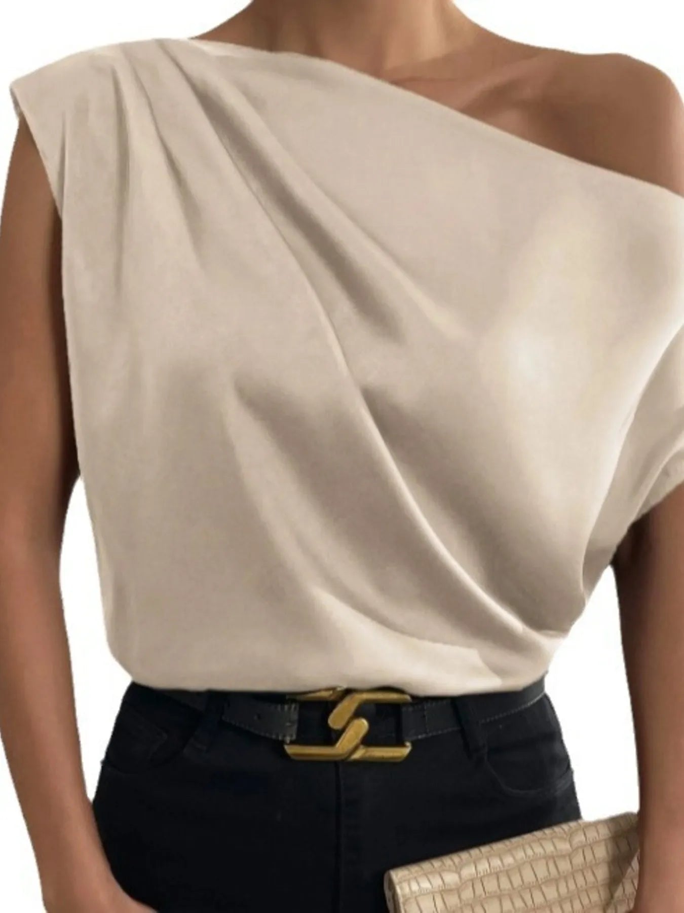 Asymmetrica One-Shoulder Draped Blouse.