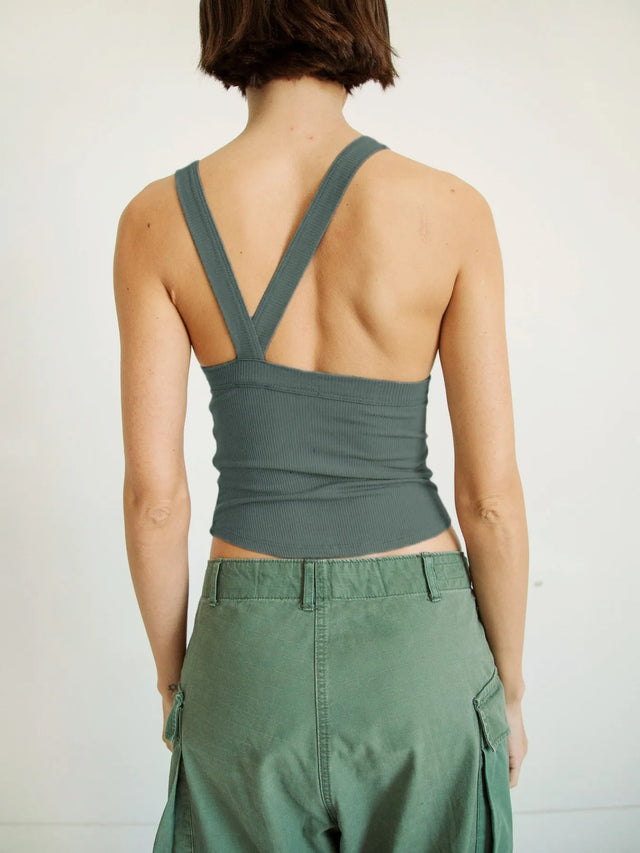 Asymmetrical back ribbed crop tank top.