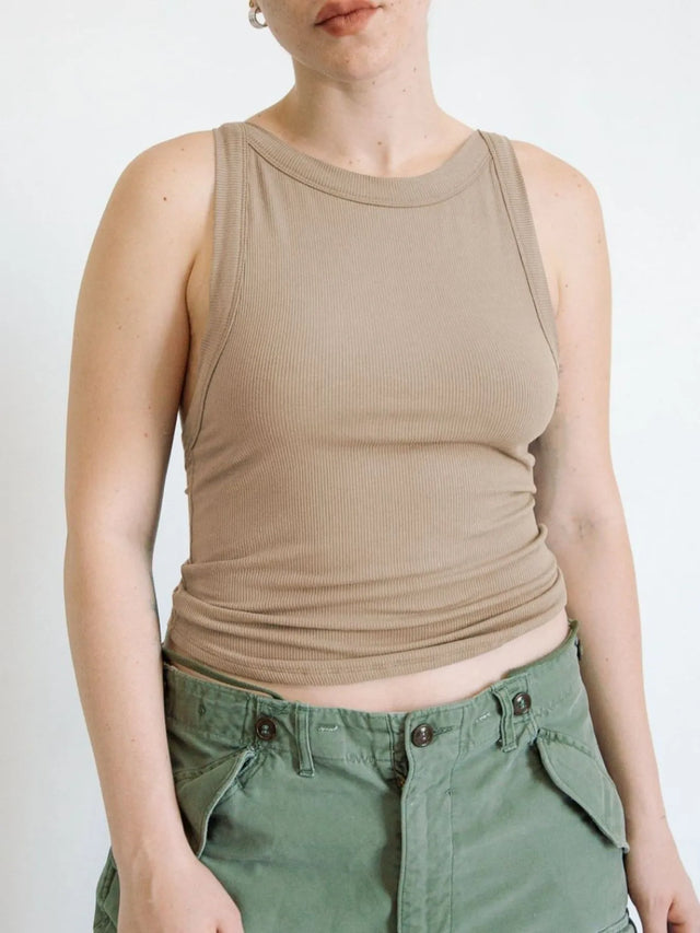 Asymmetrical back ribbed crop tank top.