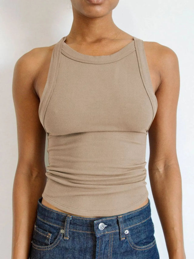 Asymmetrical back ribbed crop tank top.