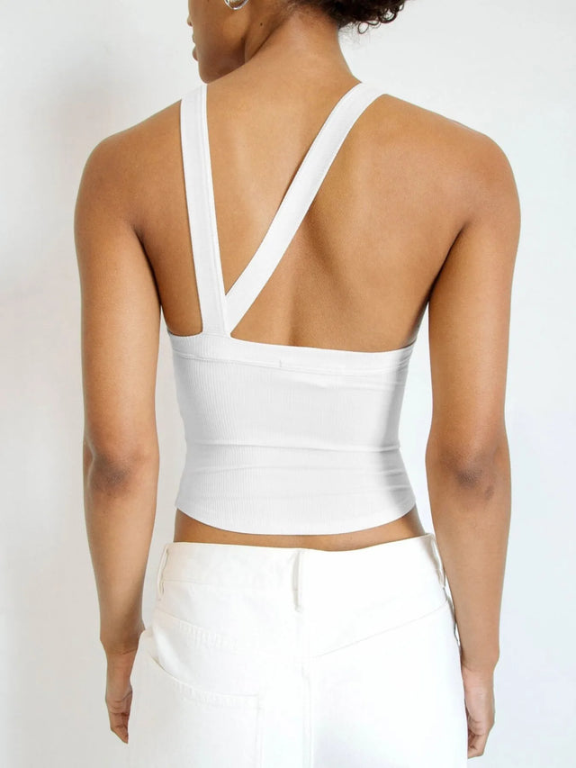 Asymmetrical back ribbed crop tank top.