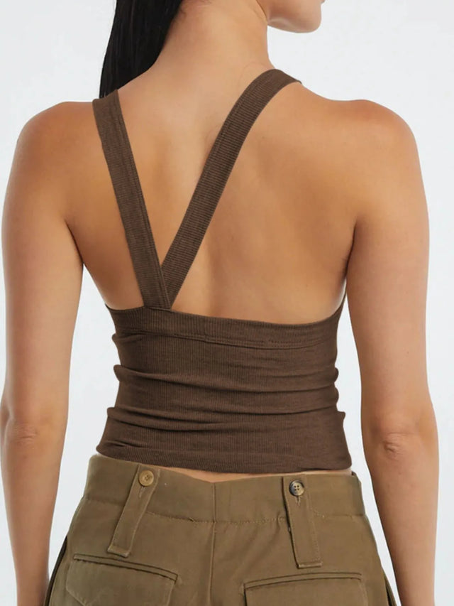 Asymmetrical back ribbed crop tank top.