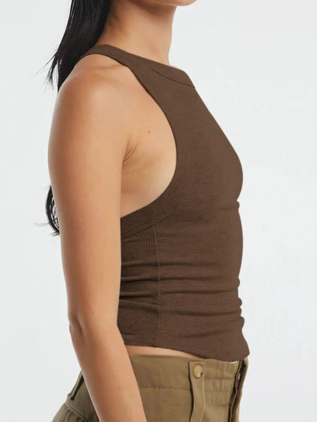 Asymmetrical back ribbed crop tank top.
