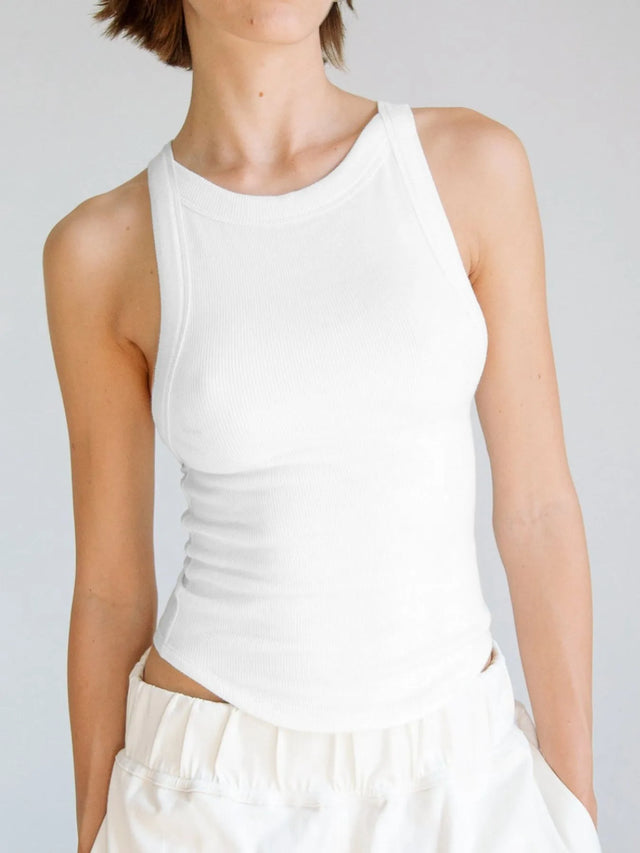 Asymmetrical back ribbed crop tank top.