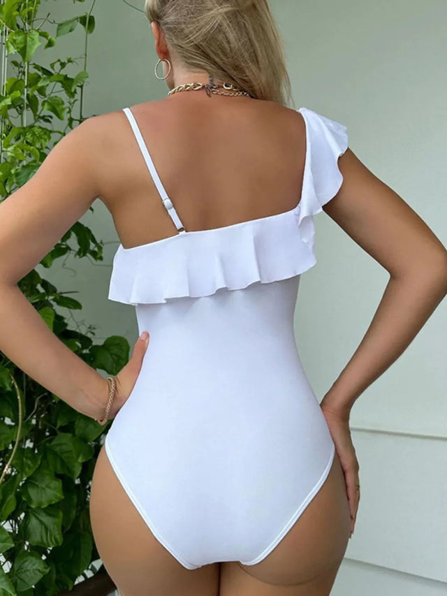Asymmetrical Ruffled One-Piece Swimwear with Removable Padding.