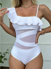 Asymmetrical Ruffled One-Piece Swimwear with Removable Padding.