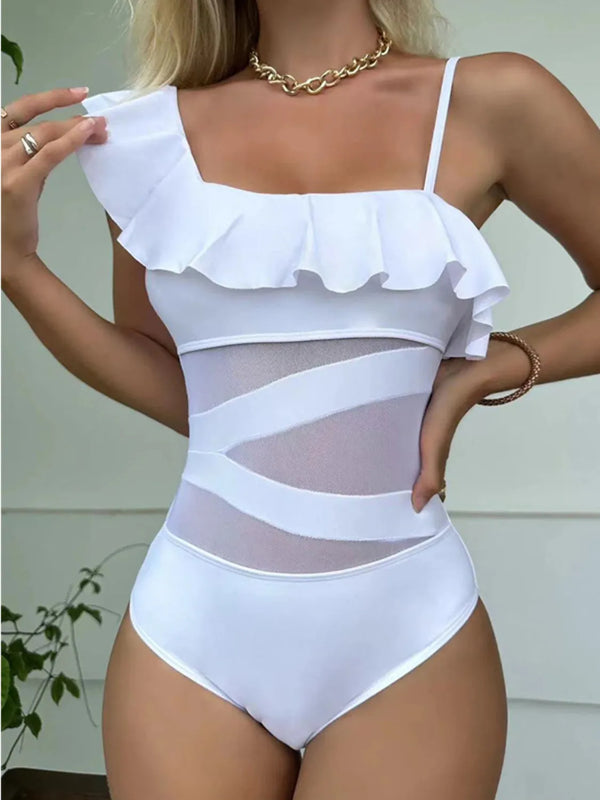 Asymmetrical Ruffled One-Piece Swimwear with Removable Padding.