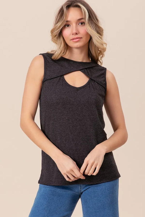 Baby rib knit sleeveless top with front cutout details.