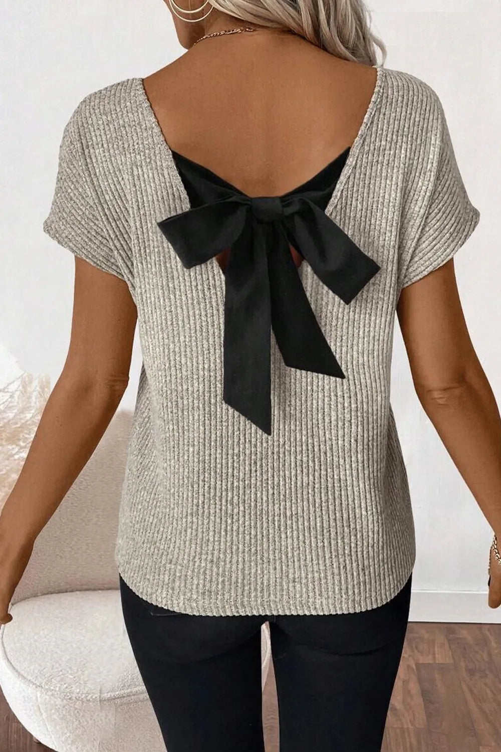 Back Bow Tie Ribbed Knit Top.