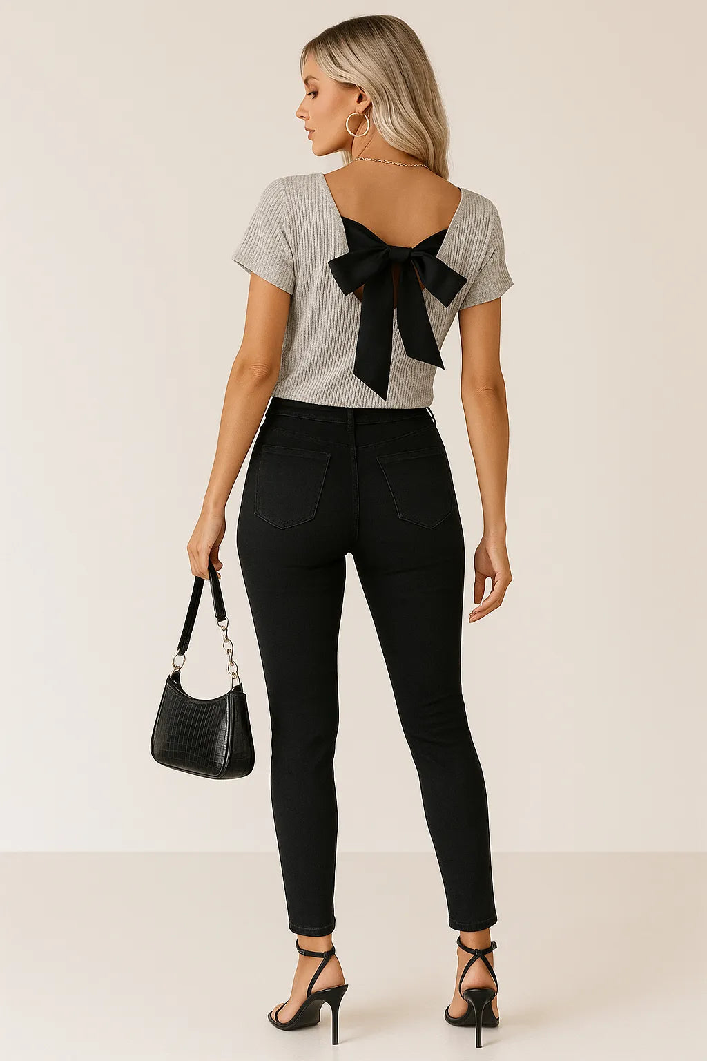 Back Bow Tie Ribbed Knit Top.