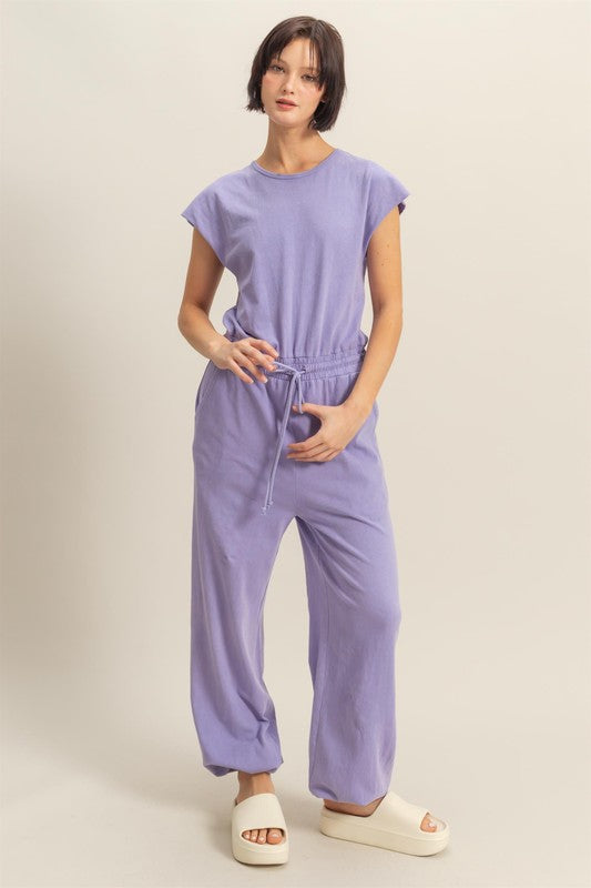 Back Keyhole Round Neck Cap Sleeve Drawstring Jumpsuit