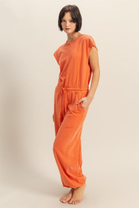 Back Keyhole Round Neck Cap Sleeve Drawstring Jumpsuit