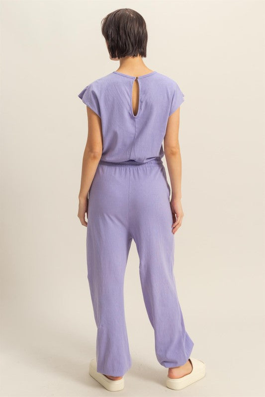 Back Keyhole Round Neck Cap Sleeve Drawstring Jumpsuit