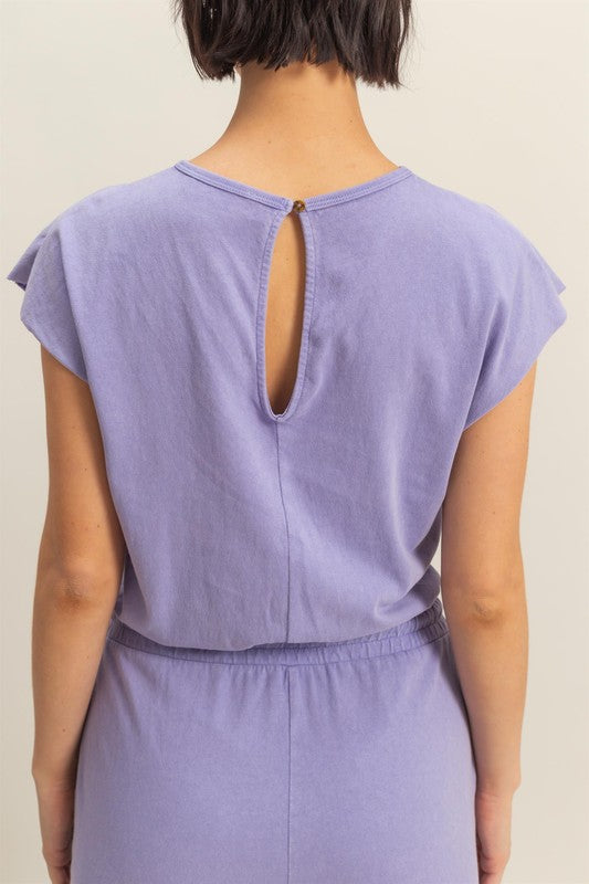 Back Keyhole Round Neck Cap Sleeve Drawstring Jumpsuit