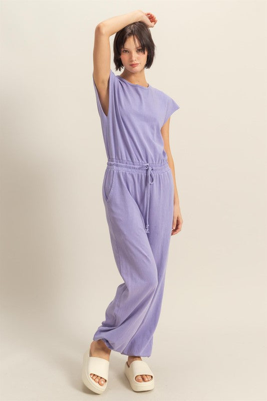 Back Keyhole Round Neck Cap Sleeve Drawstring Jumpsuit