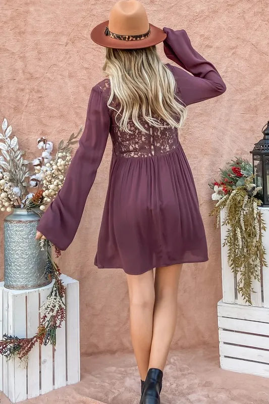 And The Why Back Lace Button Down Detail Bell Sleeve Dress.