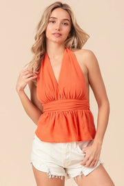 Back open halter neck wrinkled tank top with ruched and peplum details.