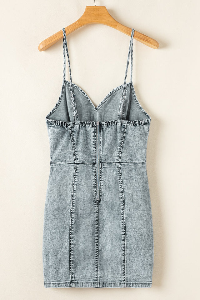 Back Zipped Mini Cami Denim Dress.