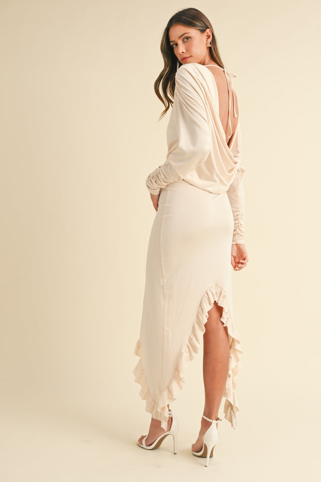 Mable Backless Asymmetric Ruffle Hem Dress with Tied Detail.