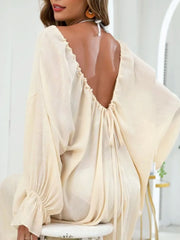 Backless Drawstring Back Flounce Sleeve Cover-Up.