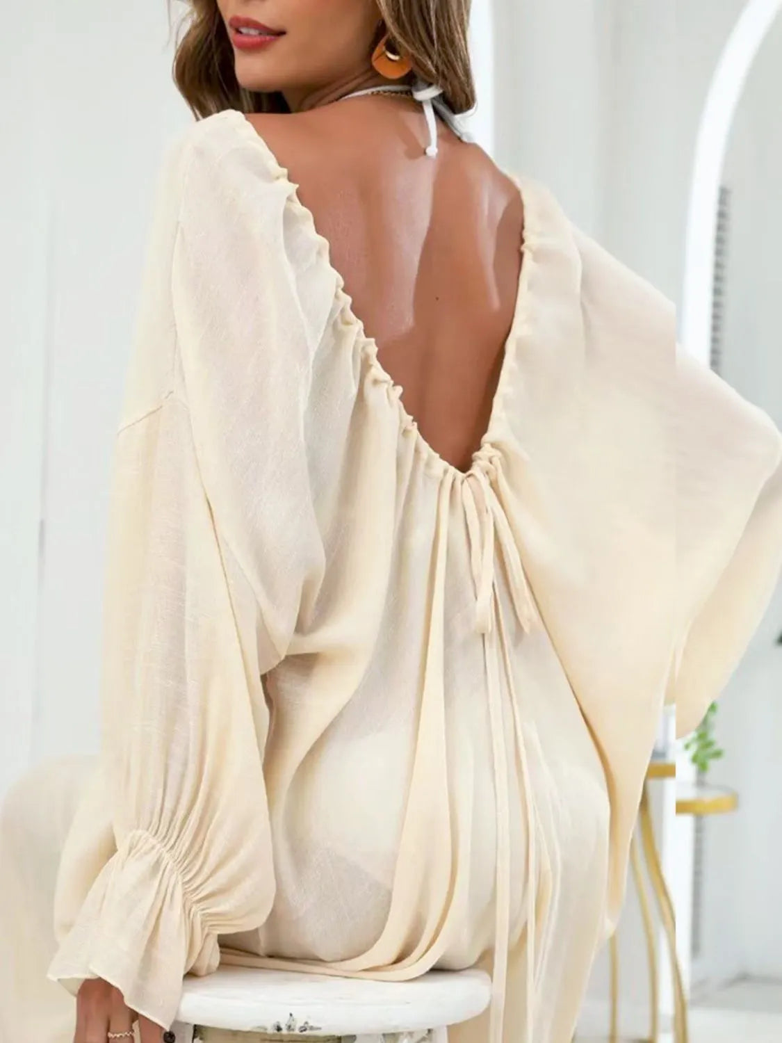 Backless Drawstring Back Flounce Sleeve Cover-Up.