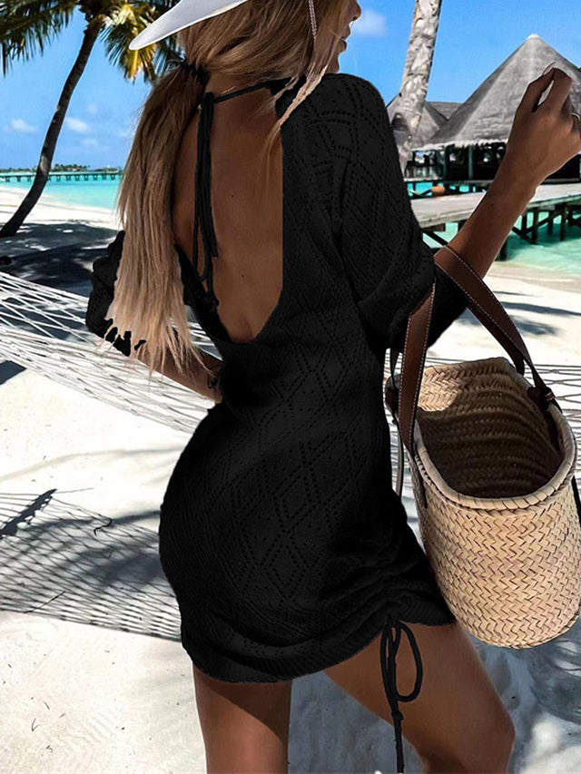 Backless Openwork Drawstring Round Neck Cover Up.