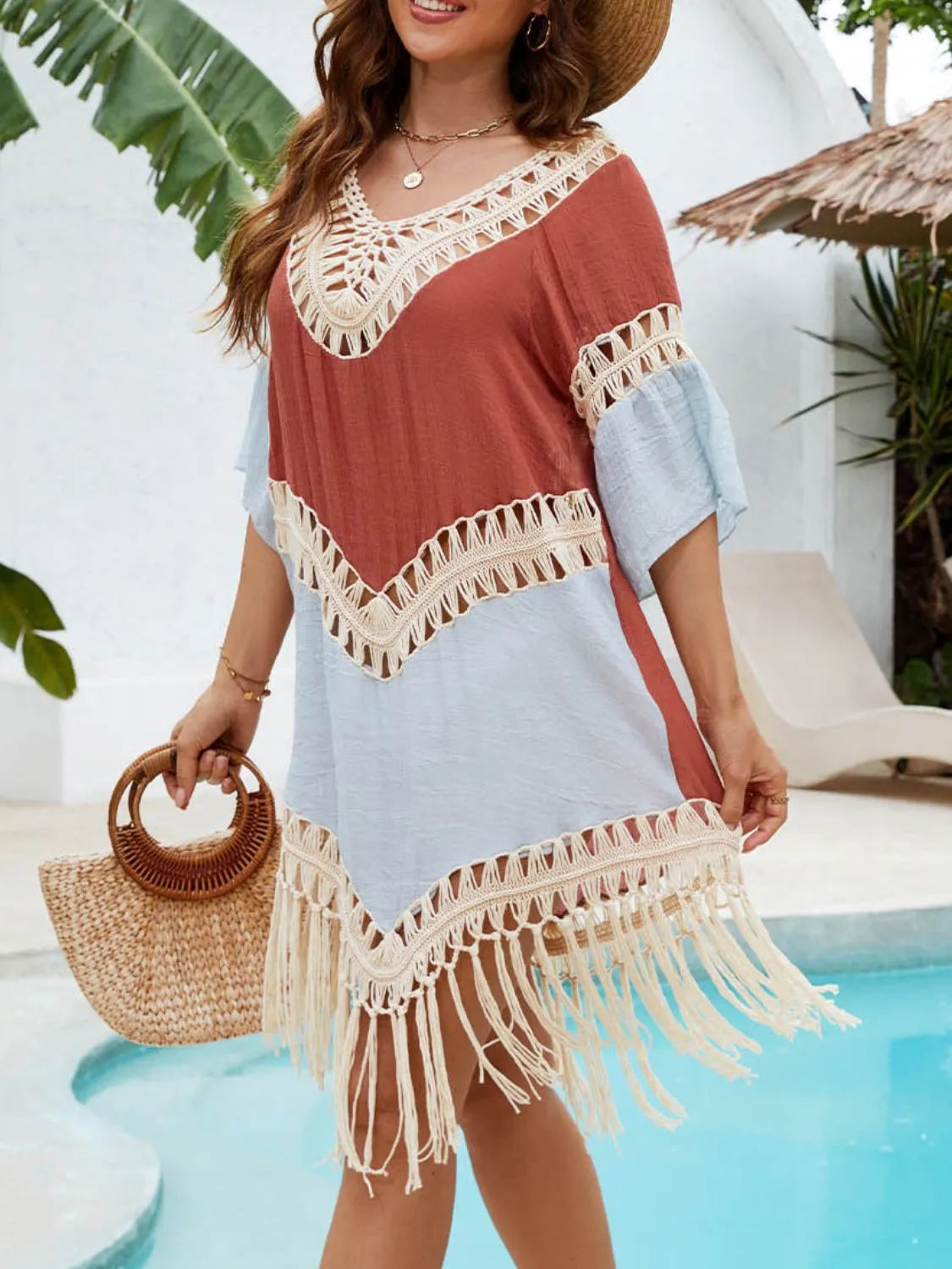 Backless Tassel Hem V-Neck Cover-Up with Fringe and Cutout.