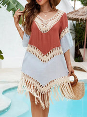 Backless Tassel Hem V-Neck Cover-Up with Fringe and Cutout.