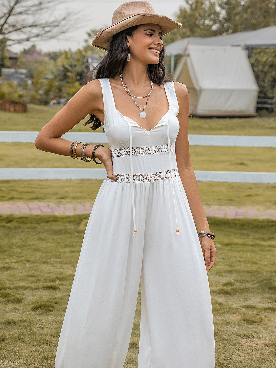 Backless Wide Strap Wide Leg Jumpsuit with Tied Openwork.