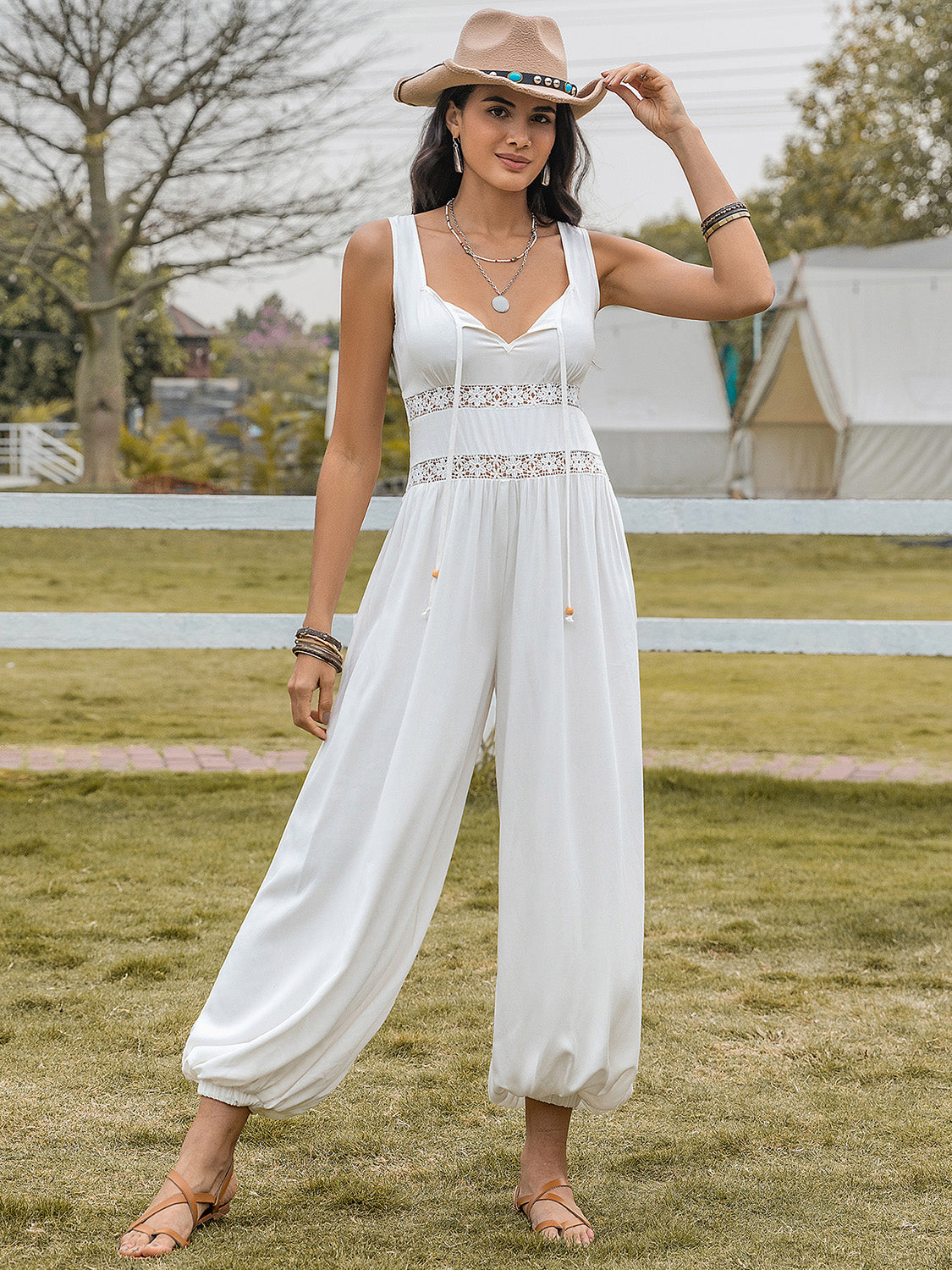 Backless Wide Strap Wide Leg Jumpsuit with Tied Openwork.