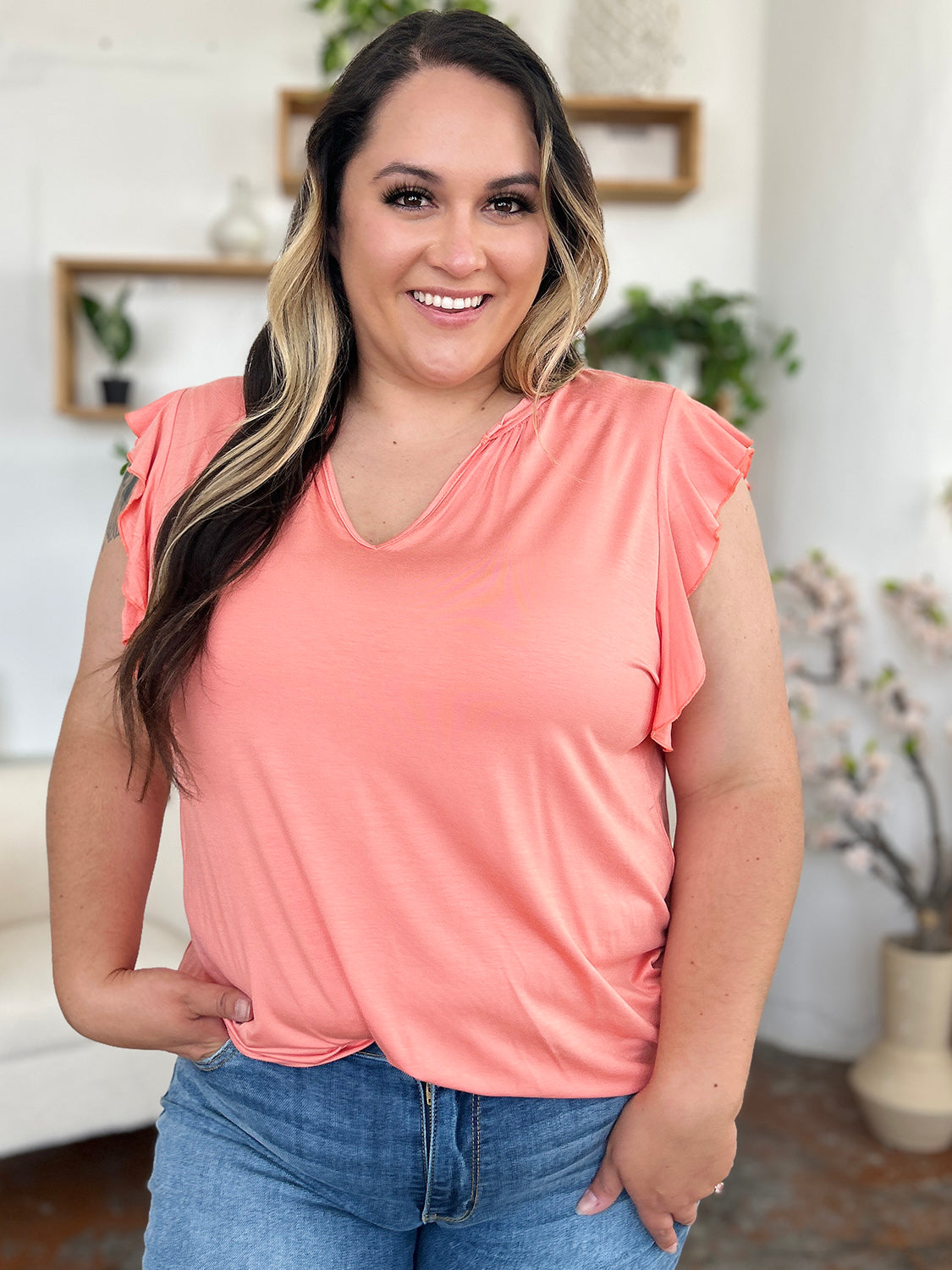 Basic Bae full size bamboo notched ruffled short sleeve t-shirt.