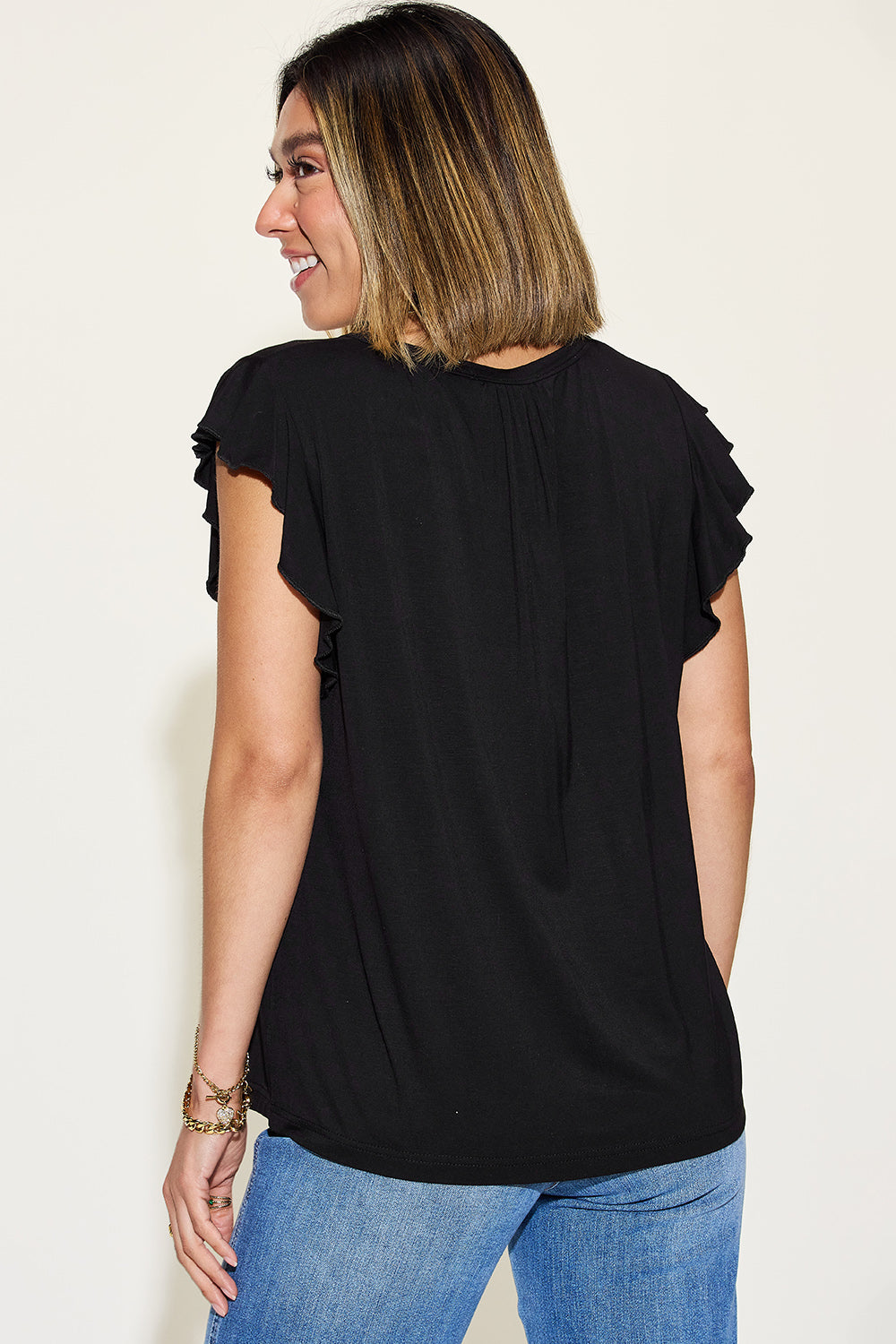 Basic Bae full size bamboo notched ruffled short sleeve t-shirt.