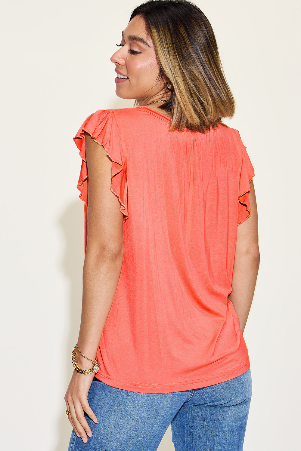 Basic Bae full size bamboo notched ruffled short sleeve t-shirt.