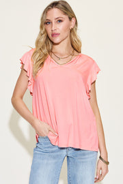 Basic Bae full size bamboo notched ruffled short sleeve t-shirt.