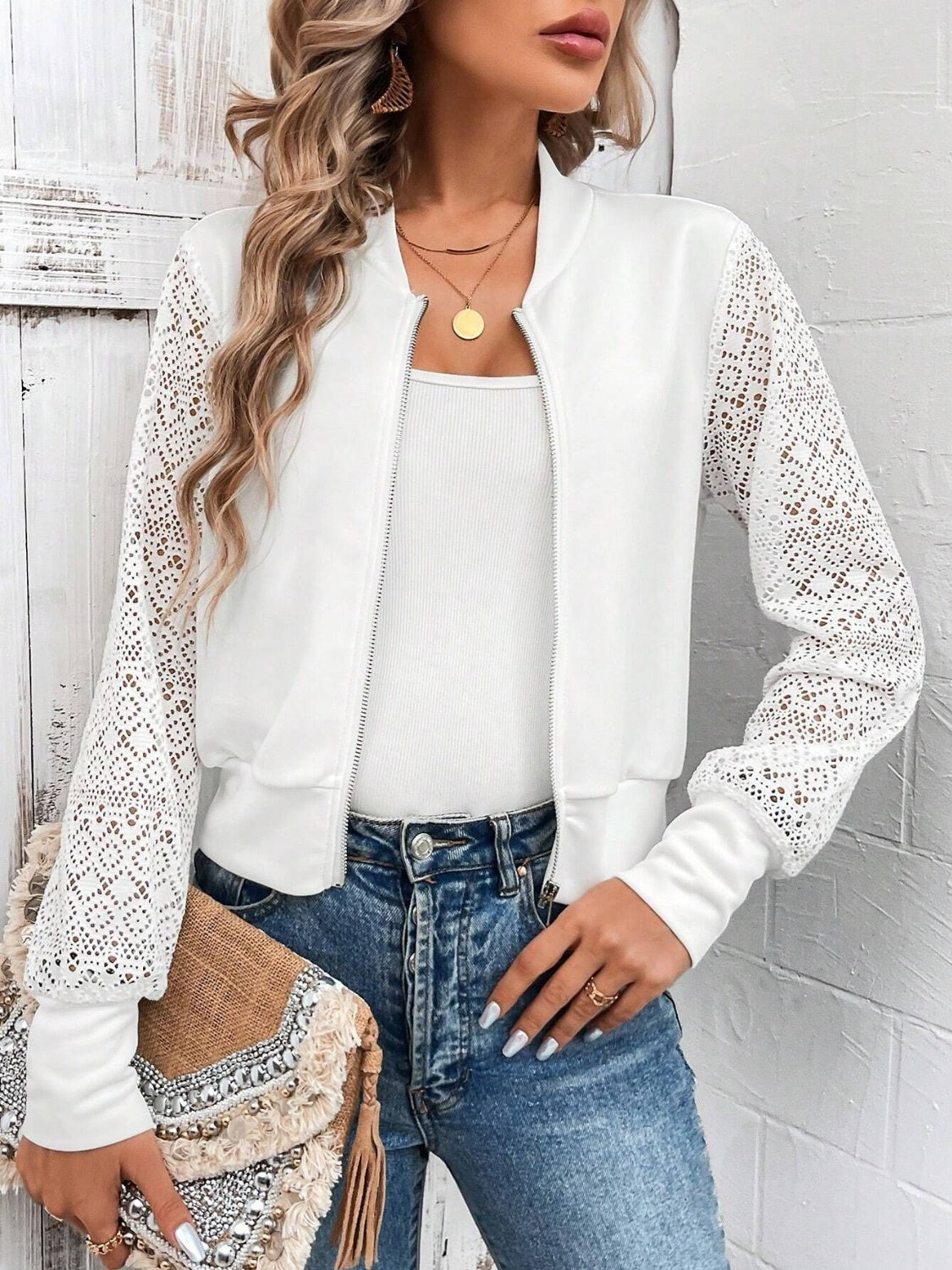 Lace patchwork long sleeve jacket with a baseball collar.