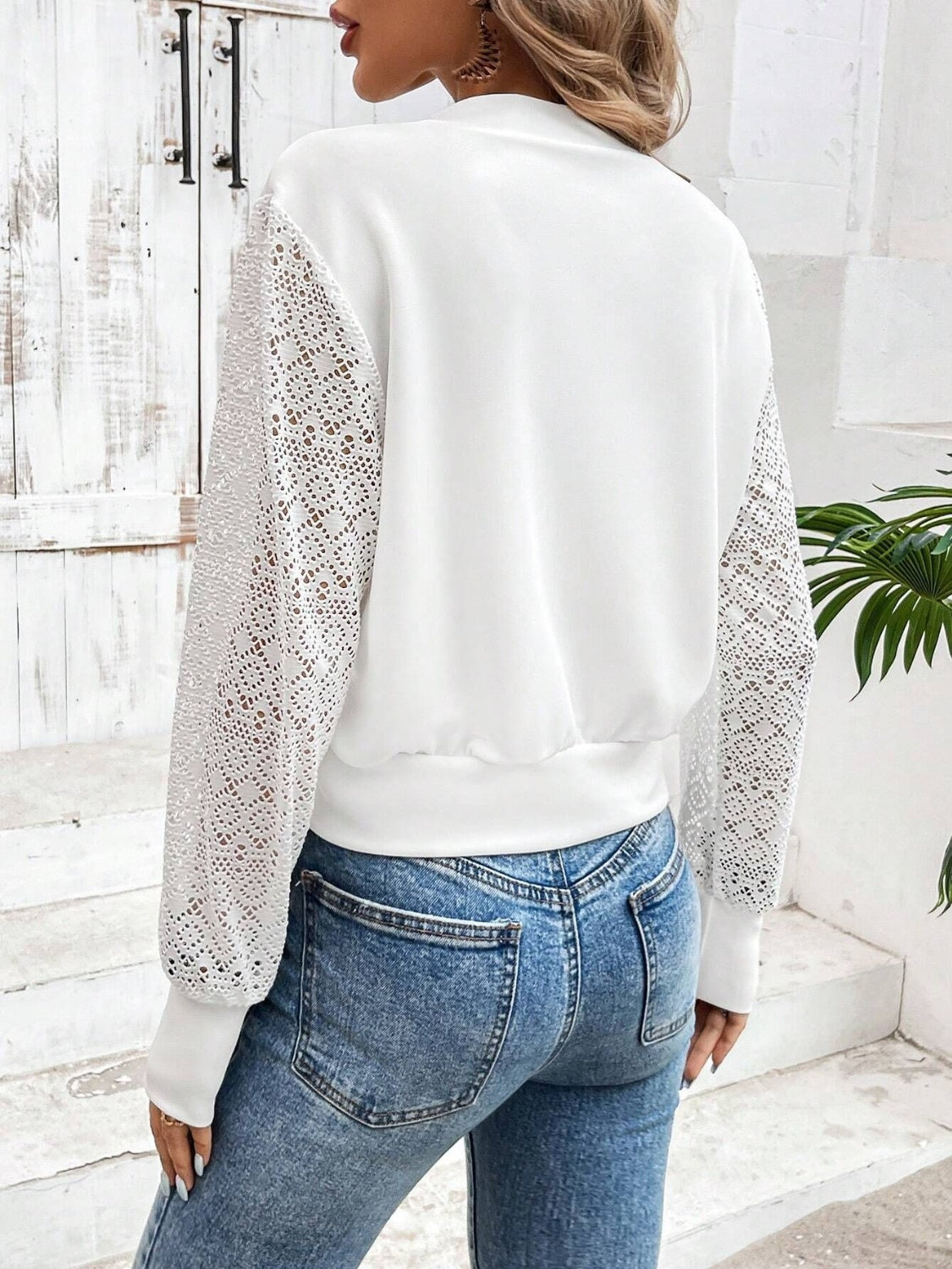 Lace patchwork long sleeve jacket with a baseball collar.