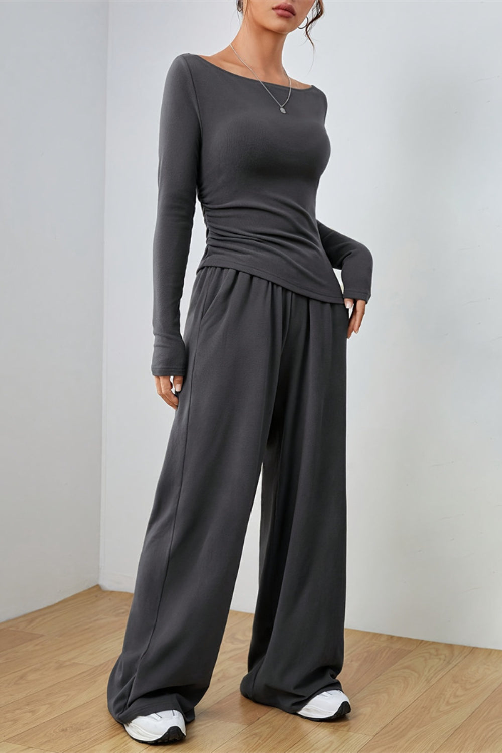 Boat Neck Long Sleeve Top and Pants Set.