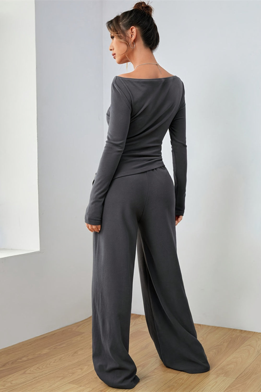 Boat Neck Long Sleeve Top and Pants Set.