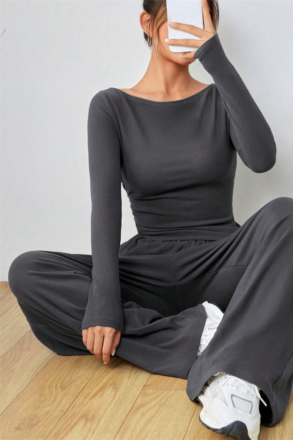 Boat Neck Long Sleeve Top and Pants Set.