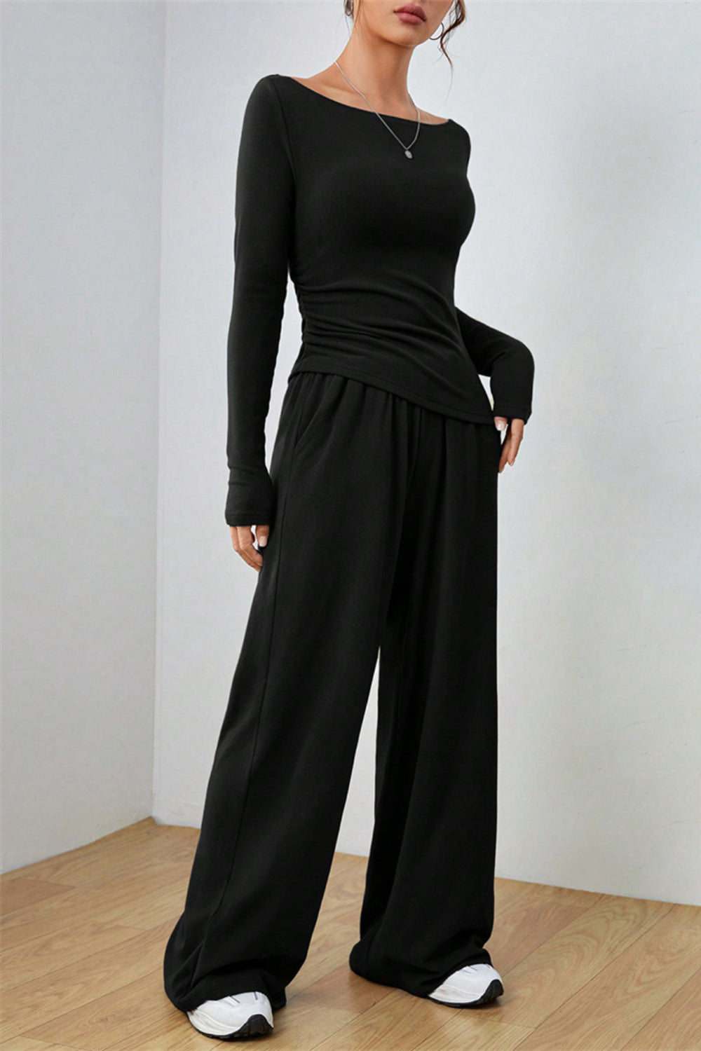 Boat Neck Long Sleeve Top and Pants Set.