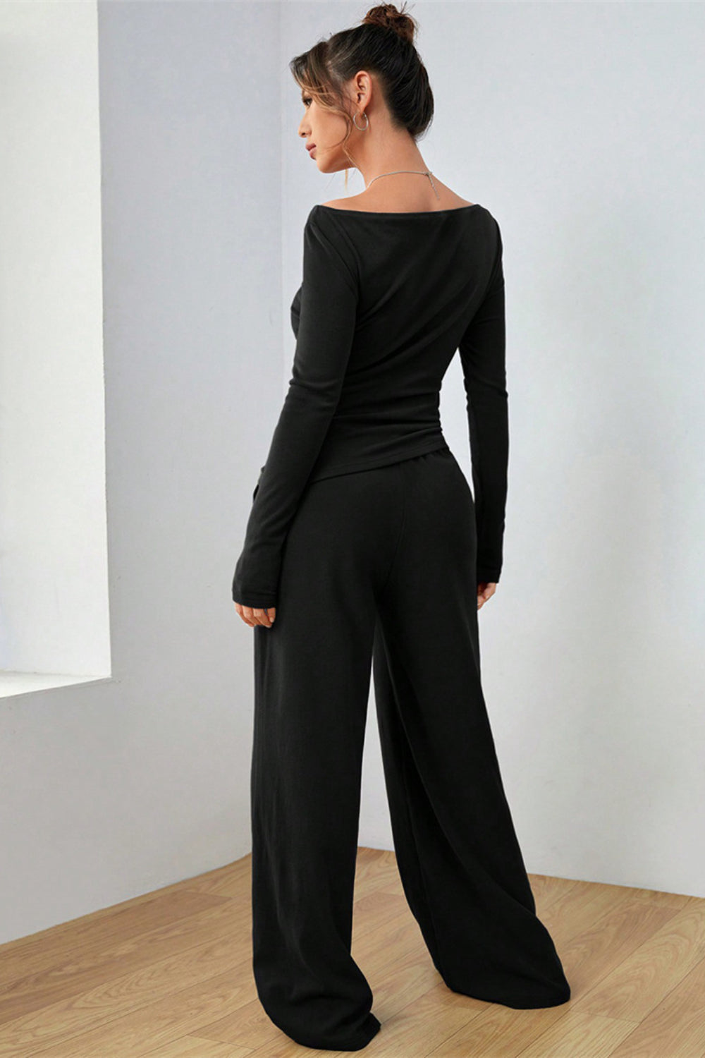 Boat Neck Long Sleeve Top and Pants Set.