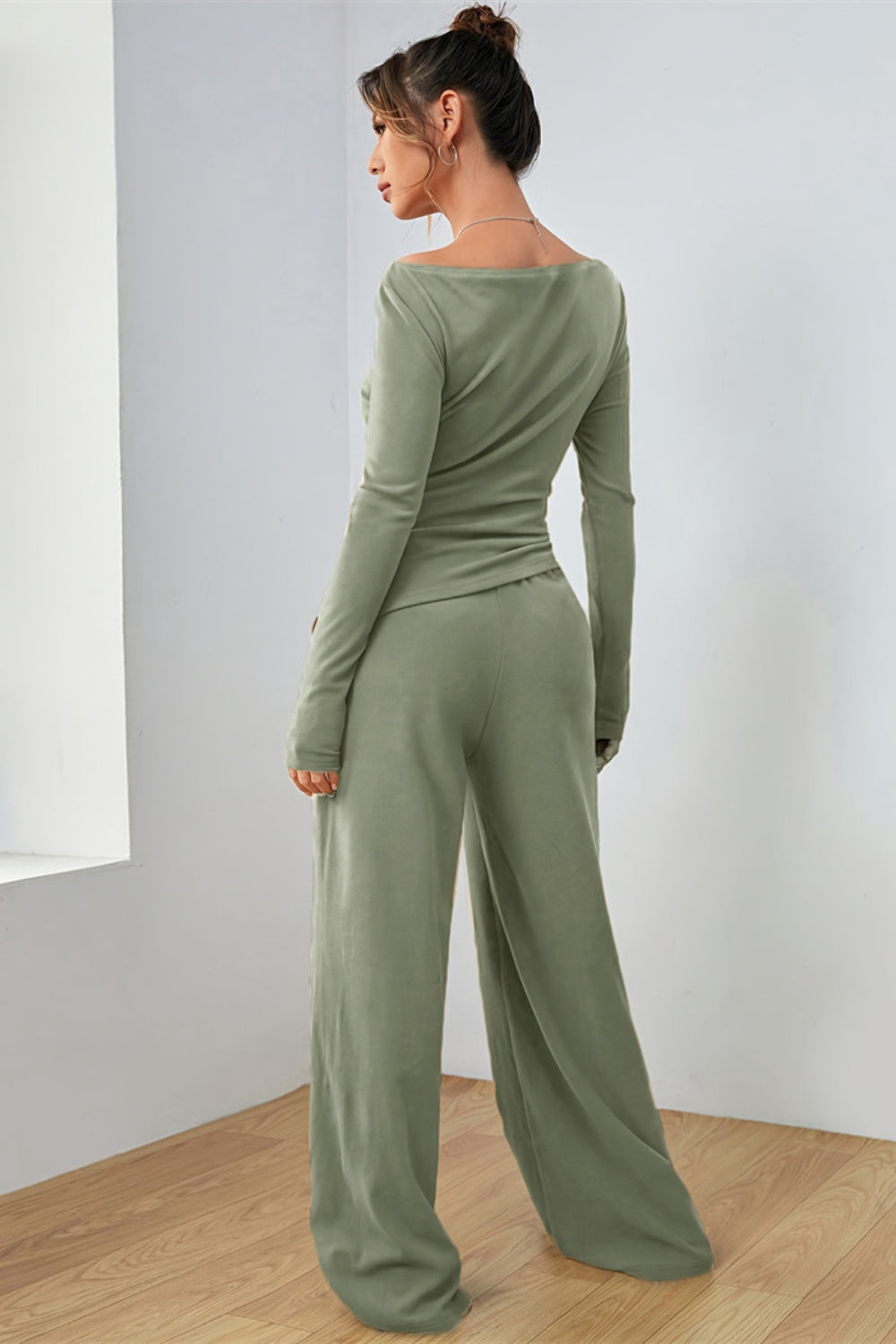Boat Neck Long Sleeve Top and Pants Set.