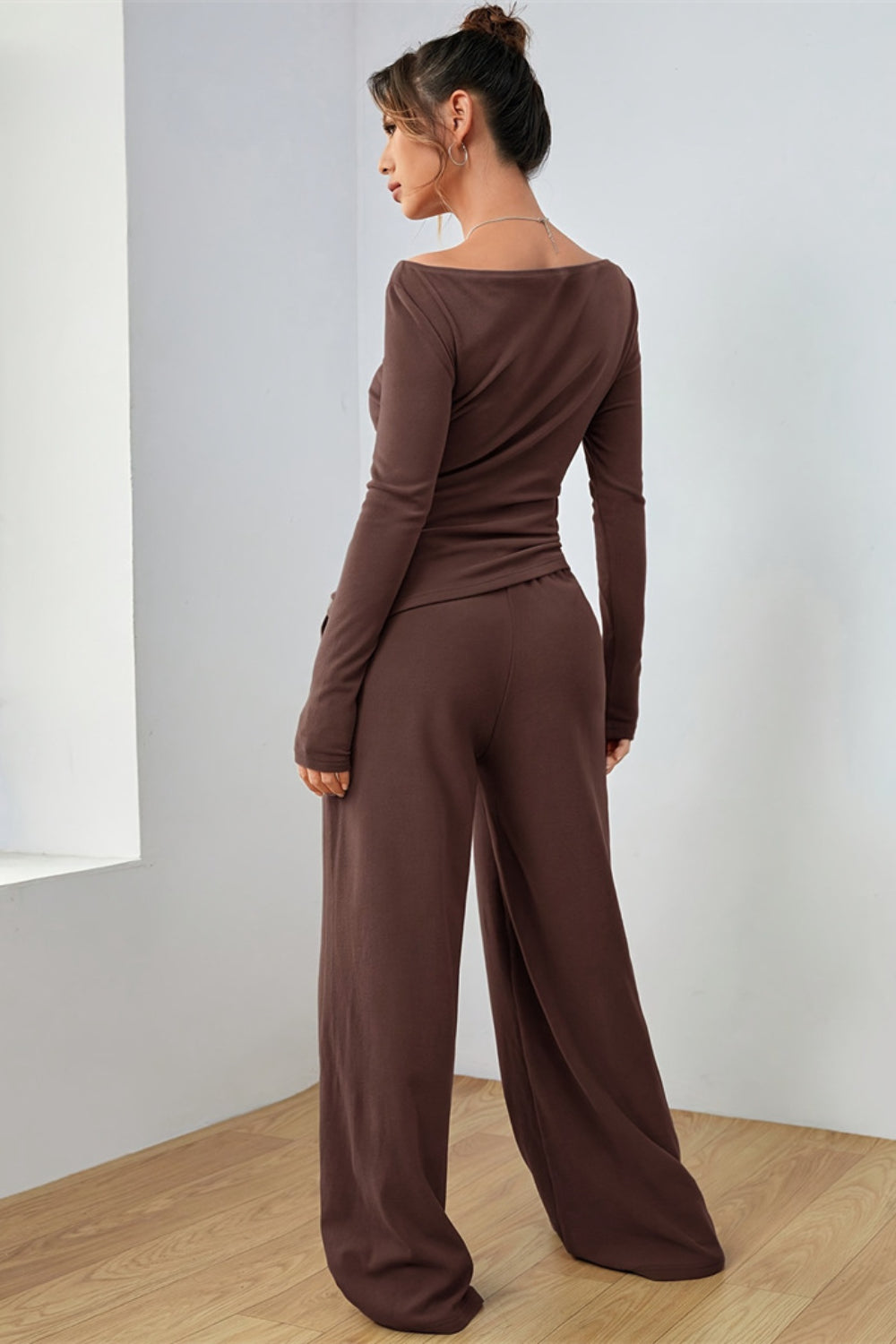 Boat Neck Long Sleeve Top and Pants Set.