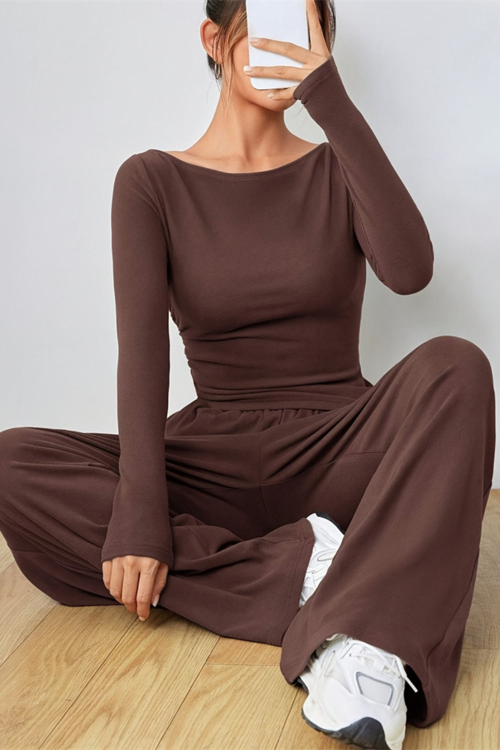 Boat Neck Long Sleeve Top and Pants Set.