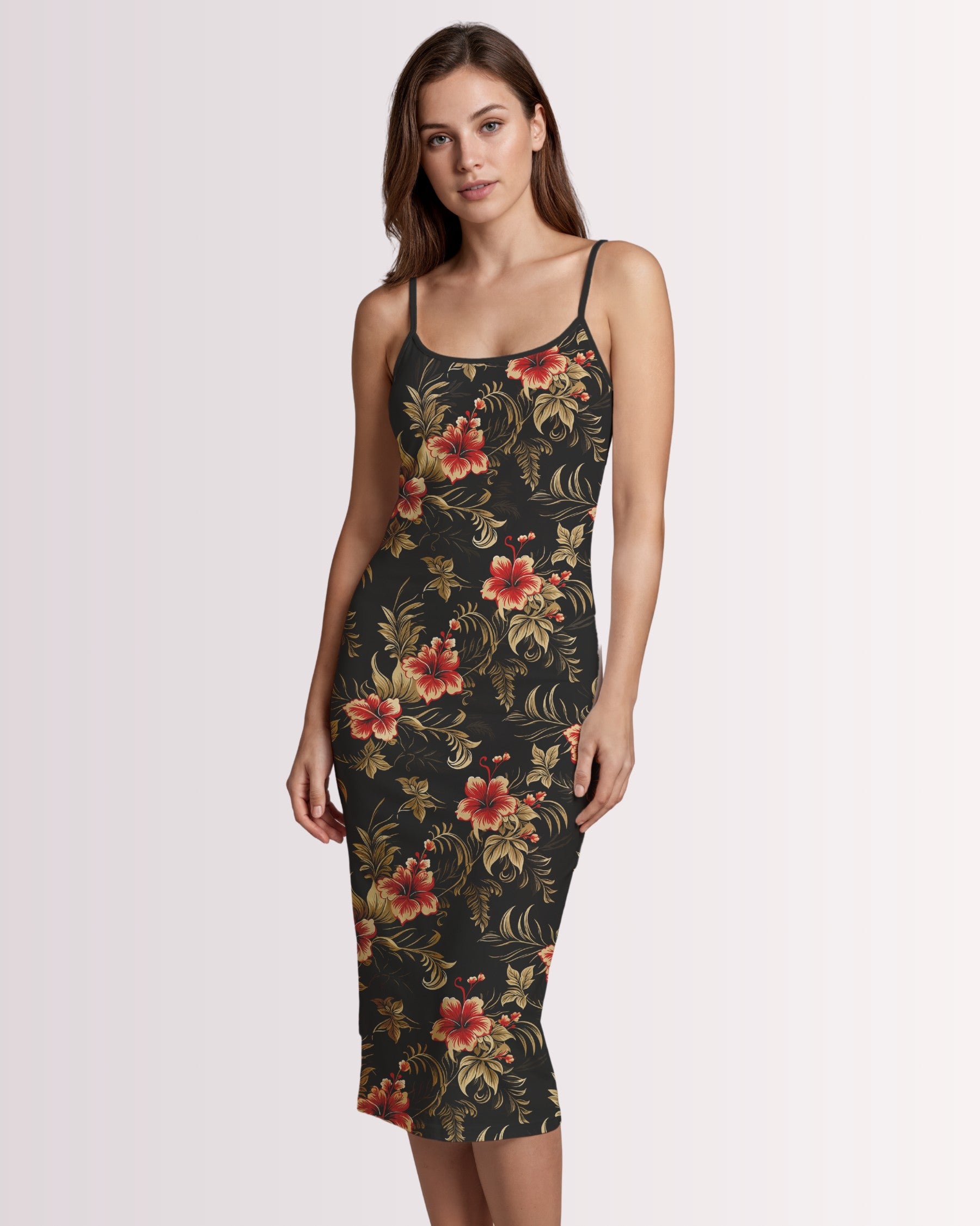 Womens Bodycon Midi Dress - Vintage Hawaiian I