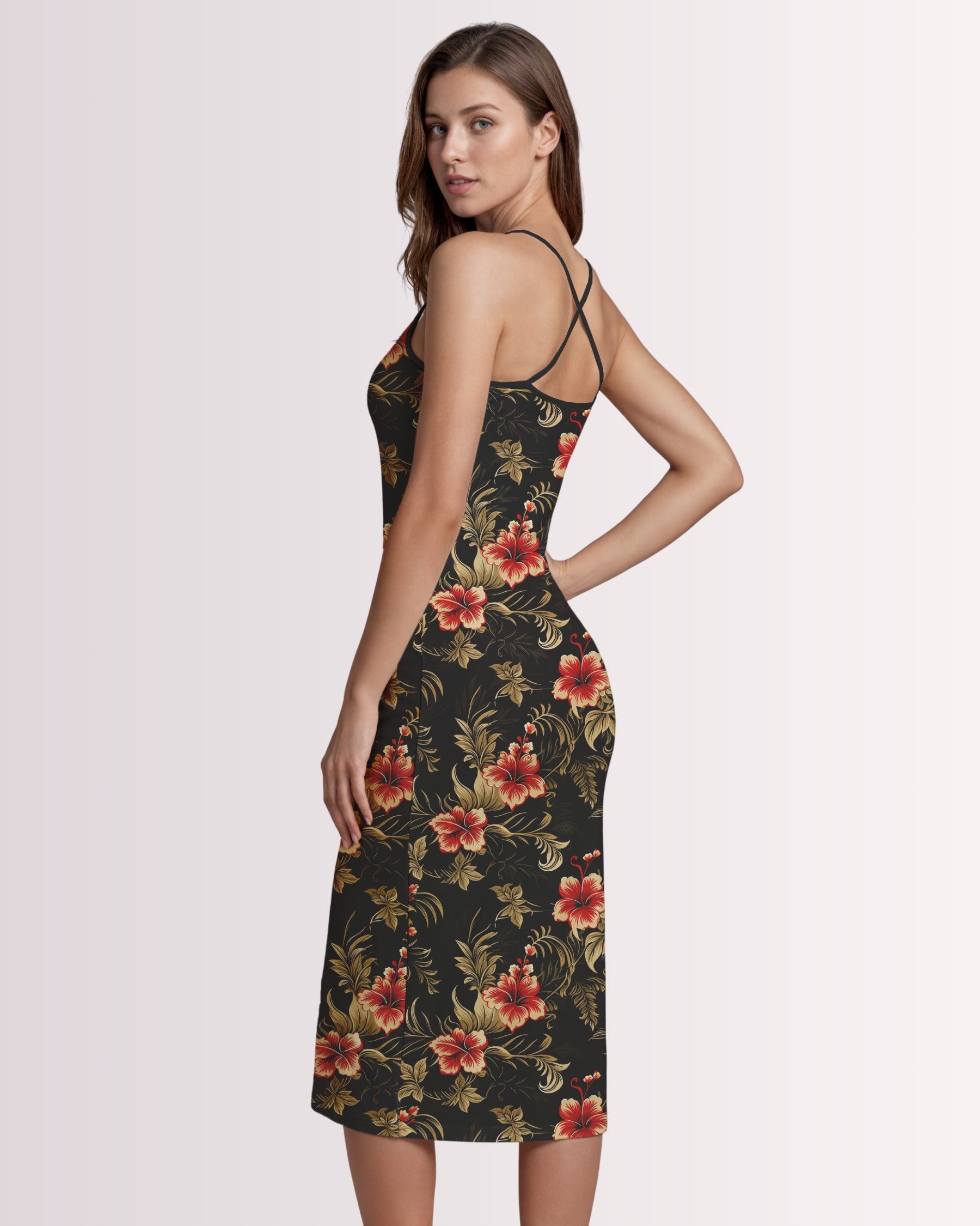 Womens Bodycon Midi Dress - Vintage Hawaiian I